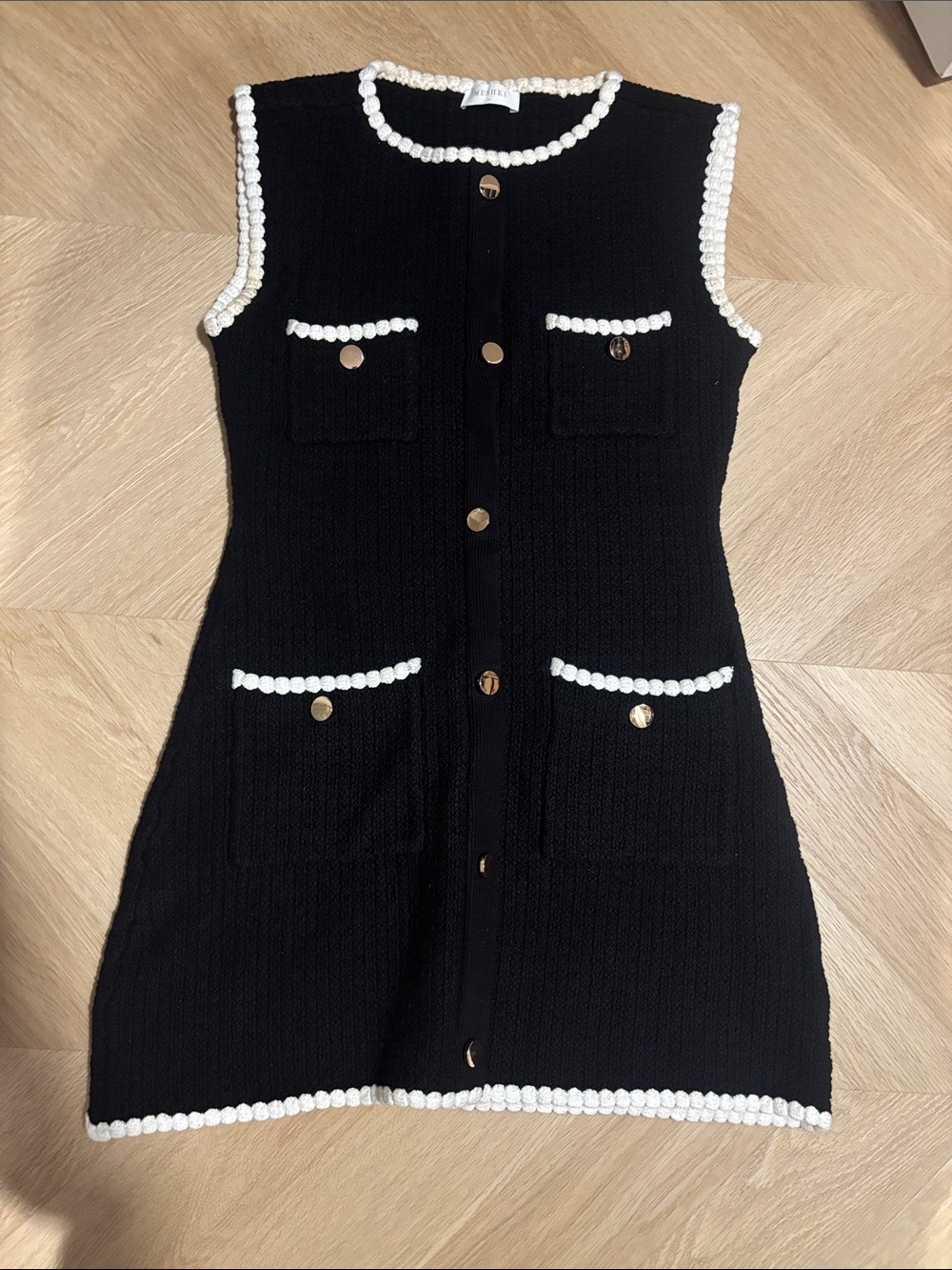 Meshki Black Mini Dress with White Trim and Gold Buttons